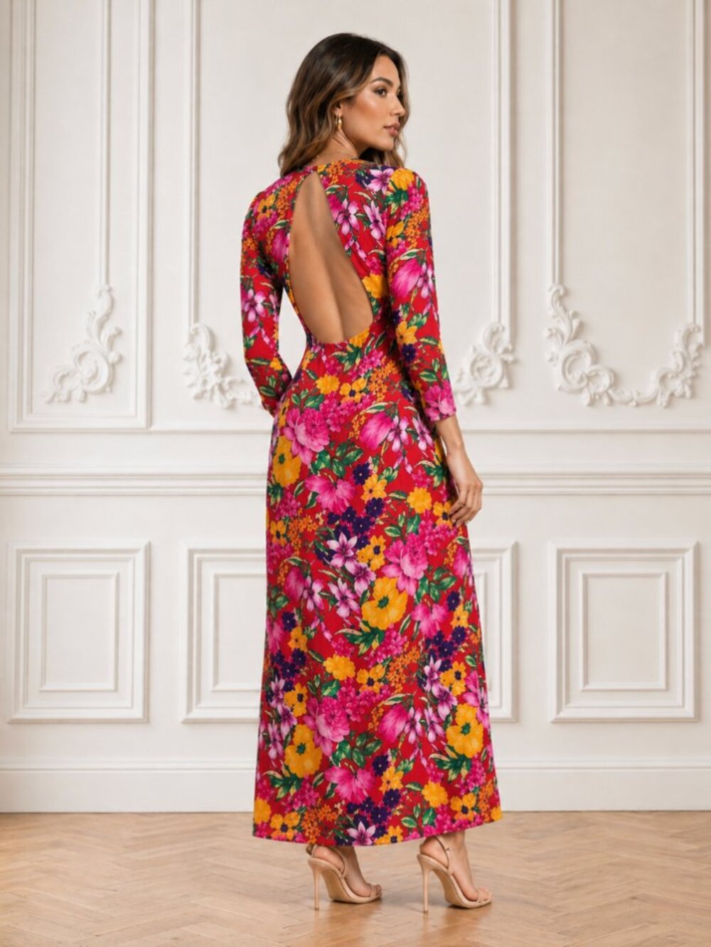 Size 2 RIXO Pink Floral Open Back Cascade Ruffle Dress - Picture 2 of 5